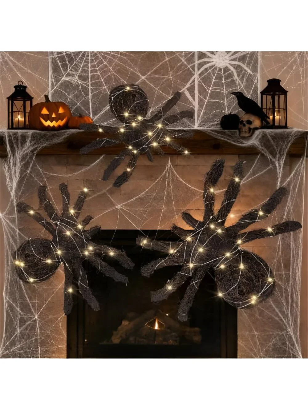 3 Pcs Halloween Rattan Woven Fake Spider Decor with String Lights